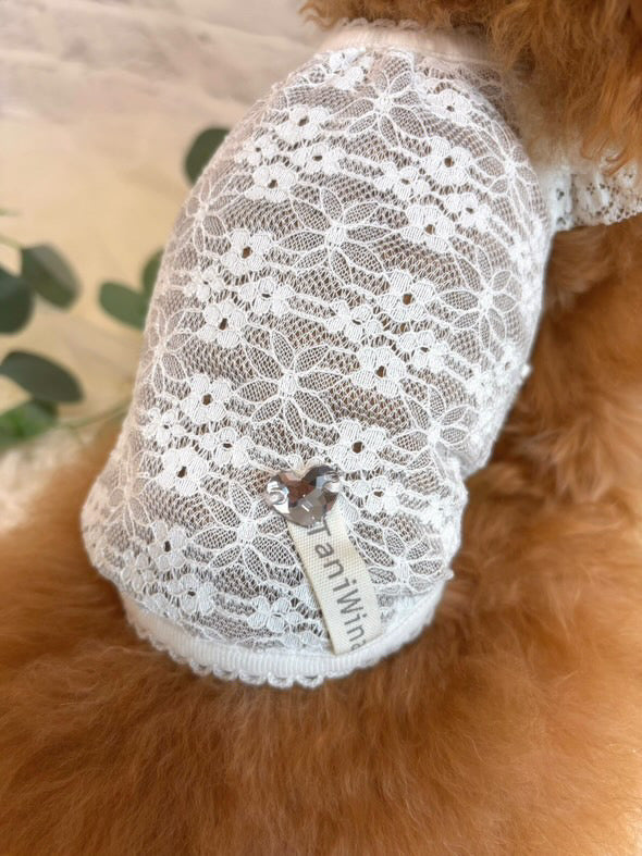 TaniWina Lace Blossom Puff Sleeve Heart Swarovski Crystal Top