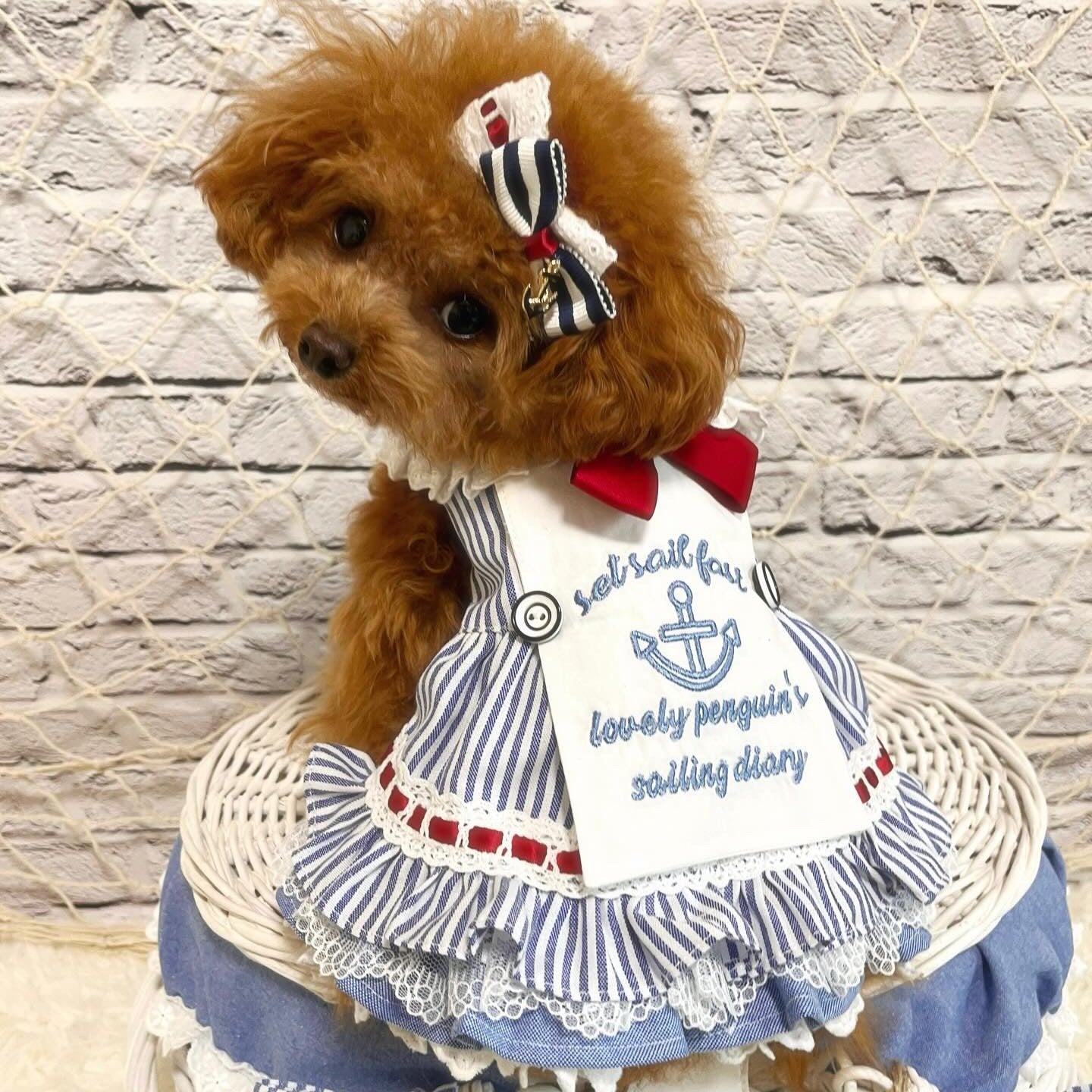 TaniWina Lovely Penguin's Sailor Dress for Small Dog- Nautical Stripe Embroidery