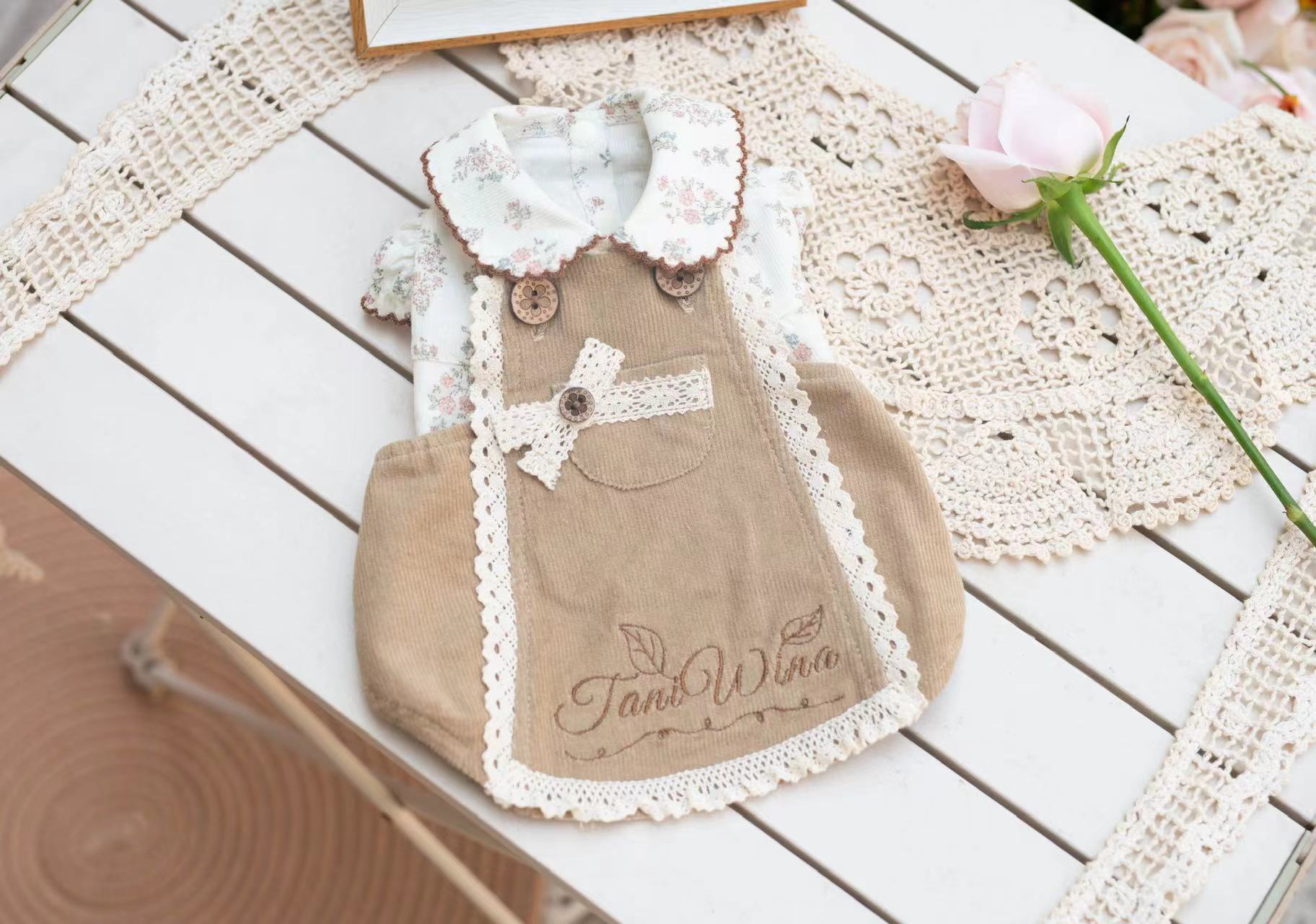 TaniWina Corduroy Suspenders Dress for Small Dog Clothes