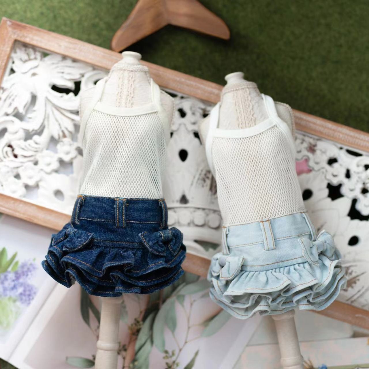 TaniWina Denim Tiered Skirt with Bow Decor for Small Dog