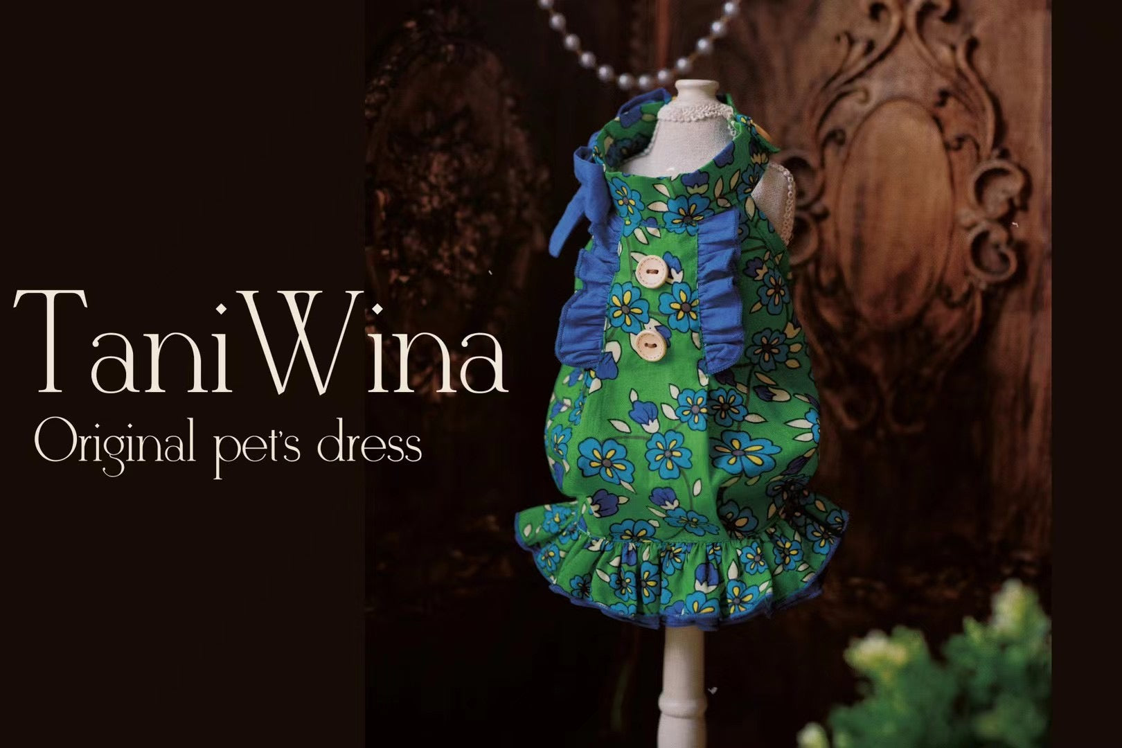 TaniWina Green Leaf Rose Collar Dress for Small Dog