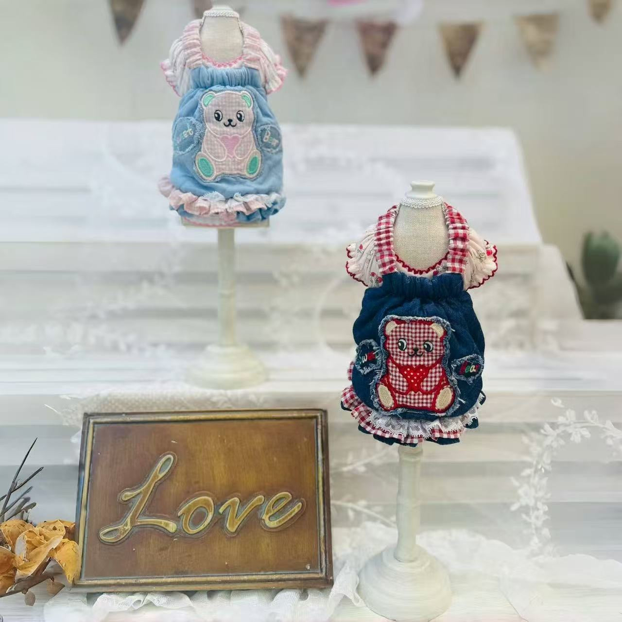 TaniWina Sweet Bear Ruffle Denim Suspender Dress– Autumn Puppy Outfit