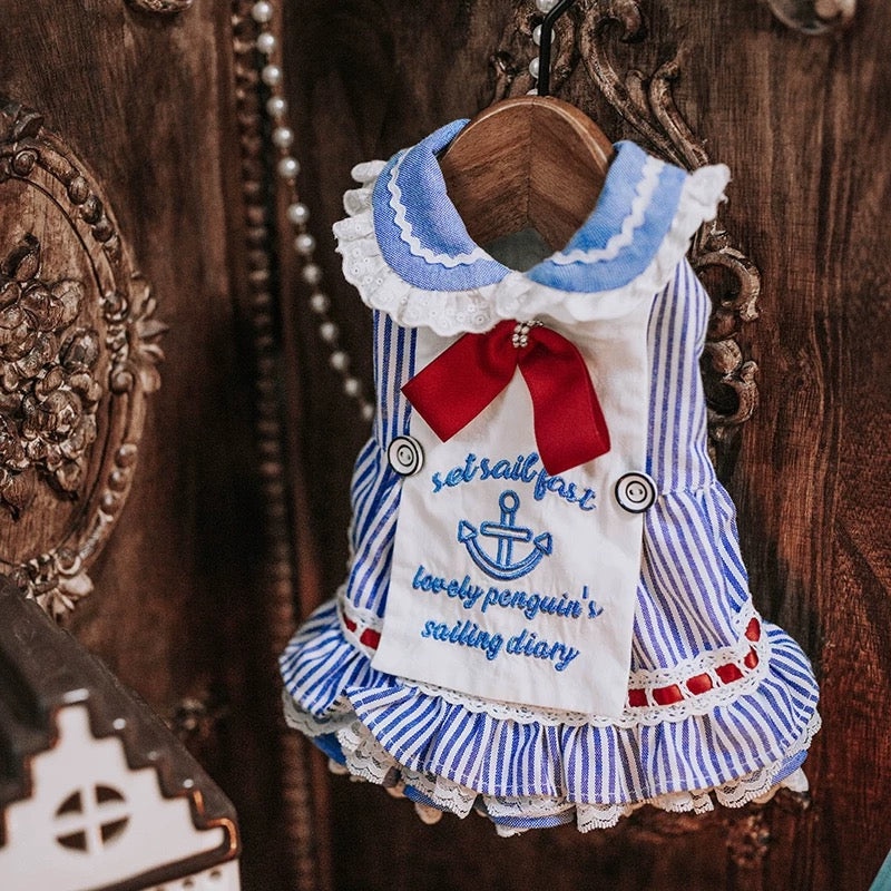 TaniWina Lovely Penguin's Sailor Dress for Small Dog- Nautical Stripe Embroidery