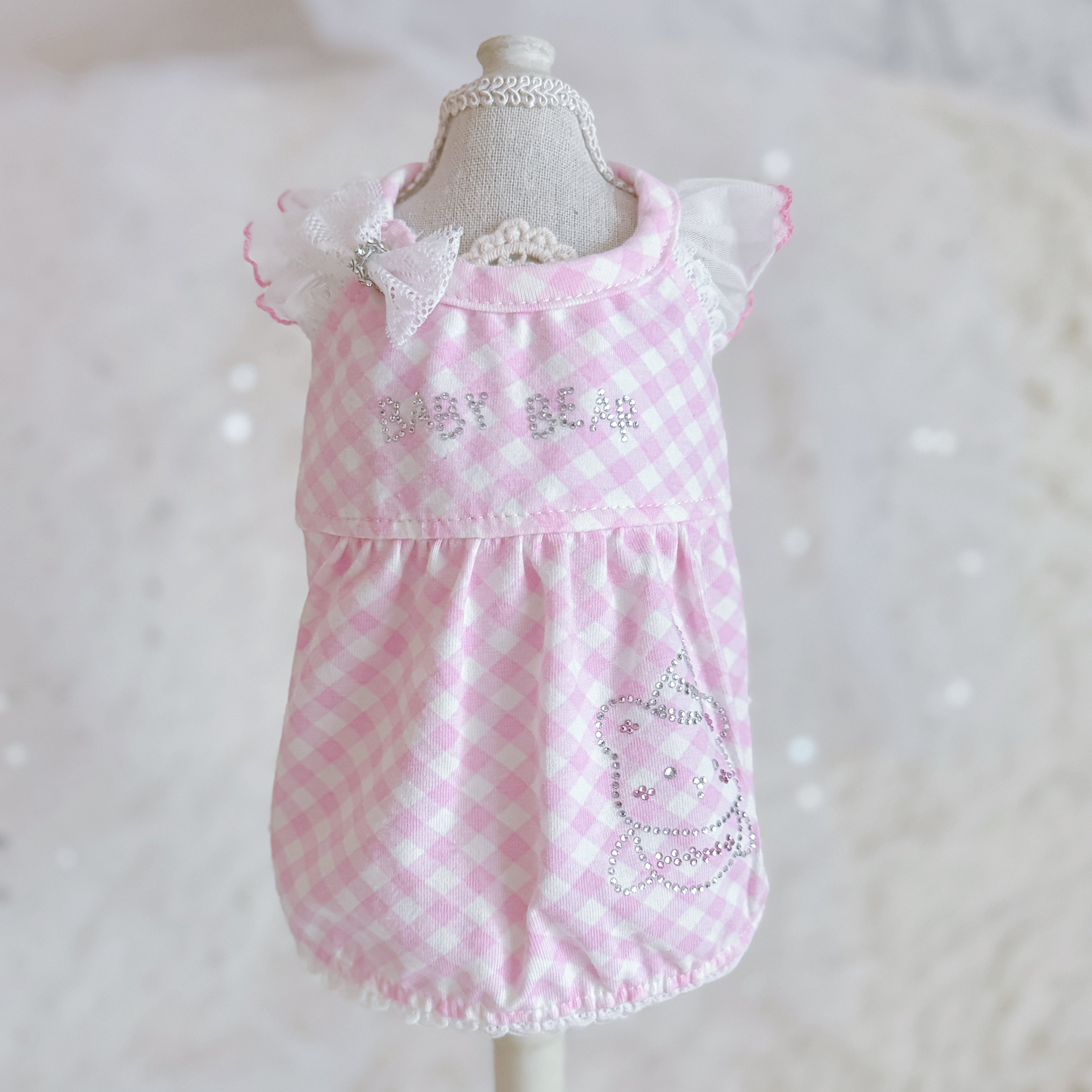 TaniWina Pink Lace Collar Plaid Dress with Rhinestone Embellishments for Small Dog