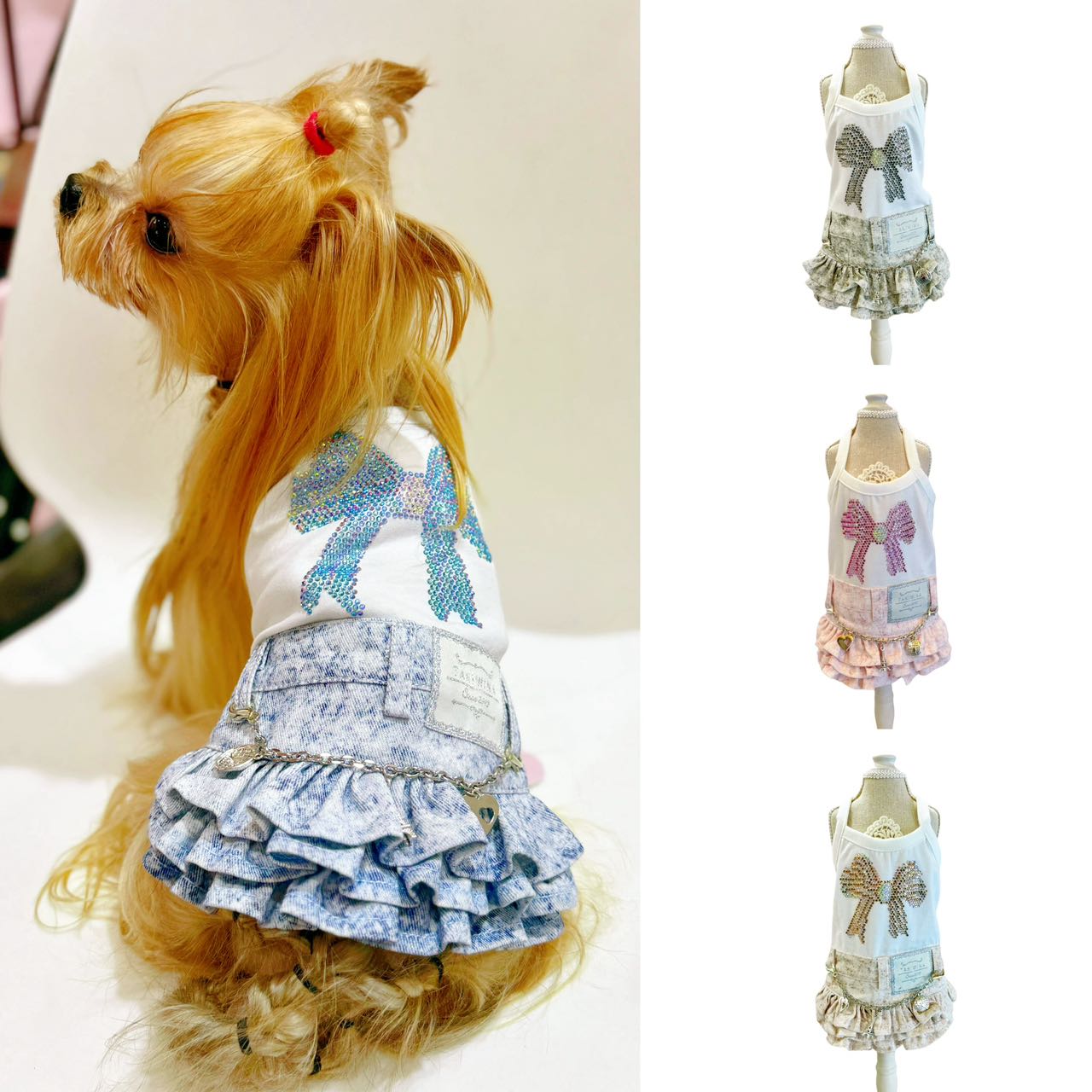 TaniWina Bling Ribbon Rhinestone Denim Skirt for Small Dog