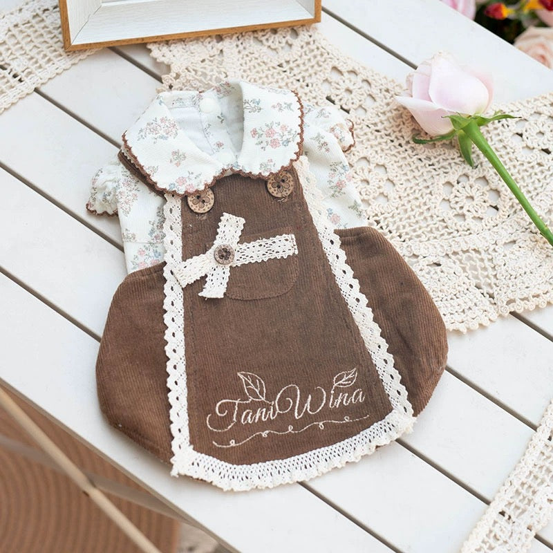 TaniWina Corduroy Suspenders Dress for Small Dog Clothes