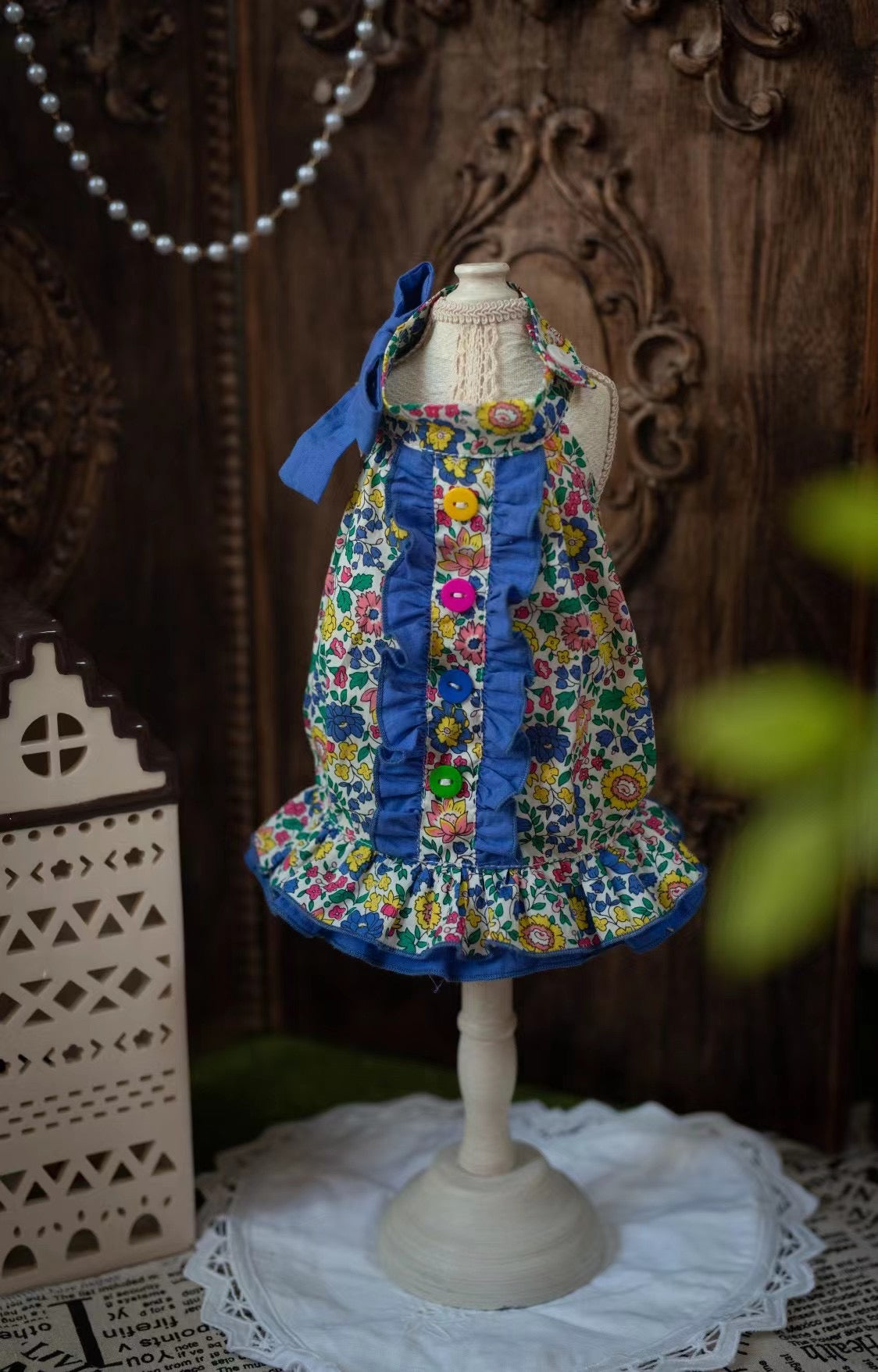 TaniWina Floral Print Buttoned Collar Dress for Small Dog