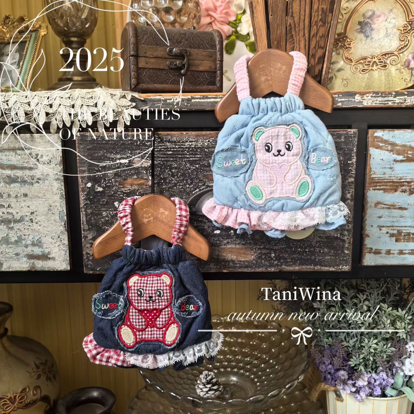 TaniWina Sweet Bear Ruffle Denim Suspender Dress– Autumn Puppy Outfit