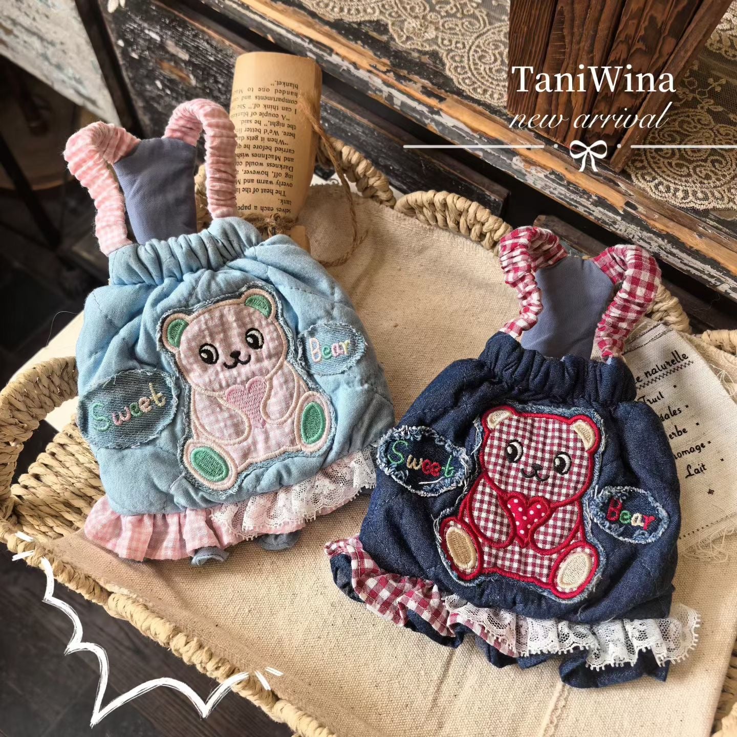 TaniWina Sweet Bear Ruffle Denim Suspender Dress– Autumn Puppy Outfit