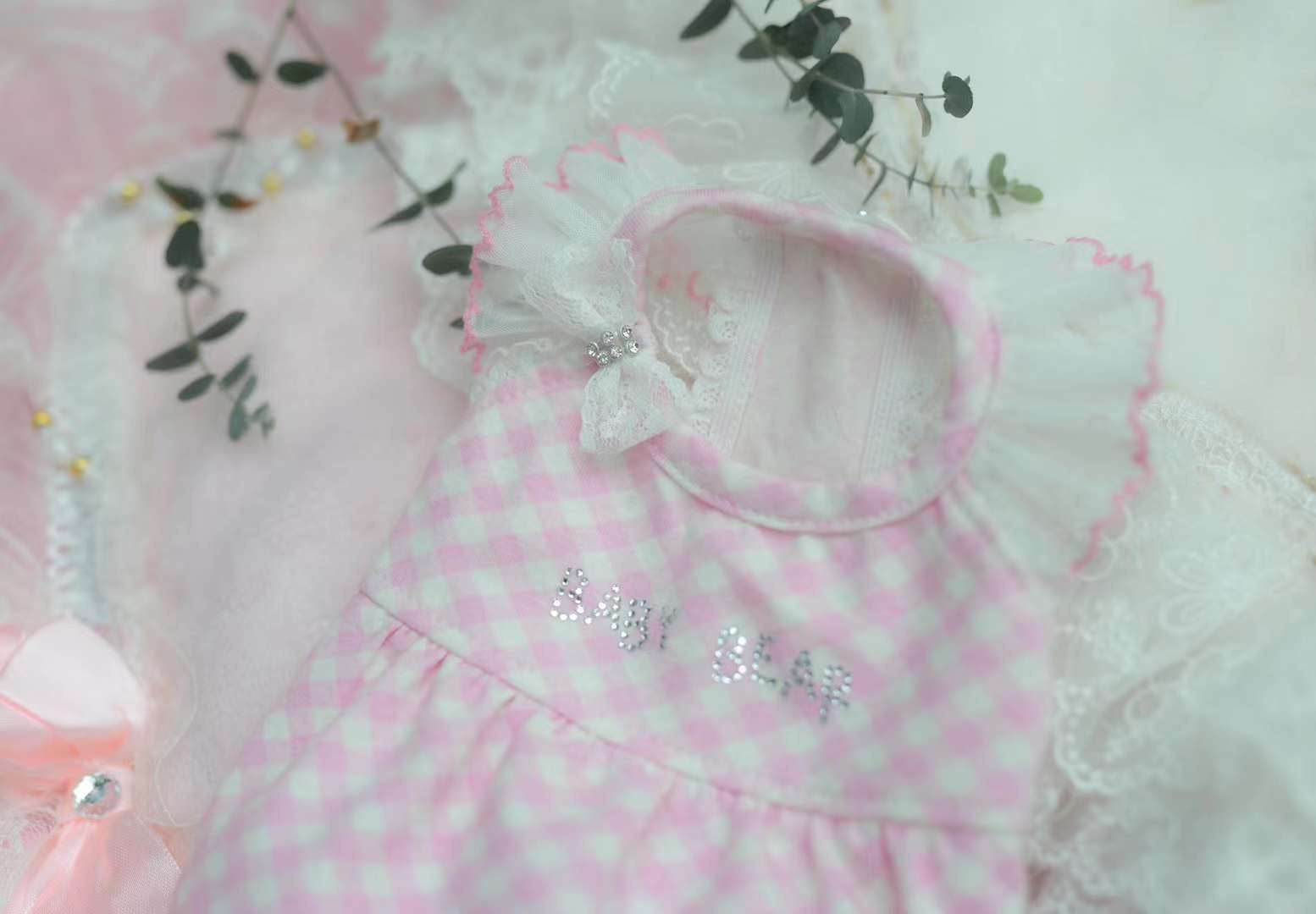 TaniWina Pink Lace Collar Plaid Dress with Rhinestone Embellishments for Small Dog