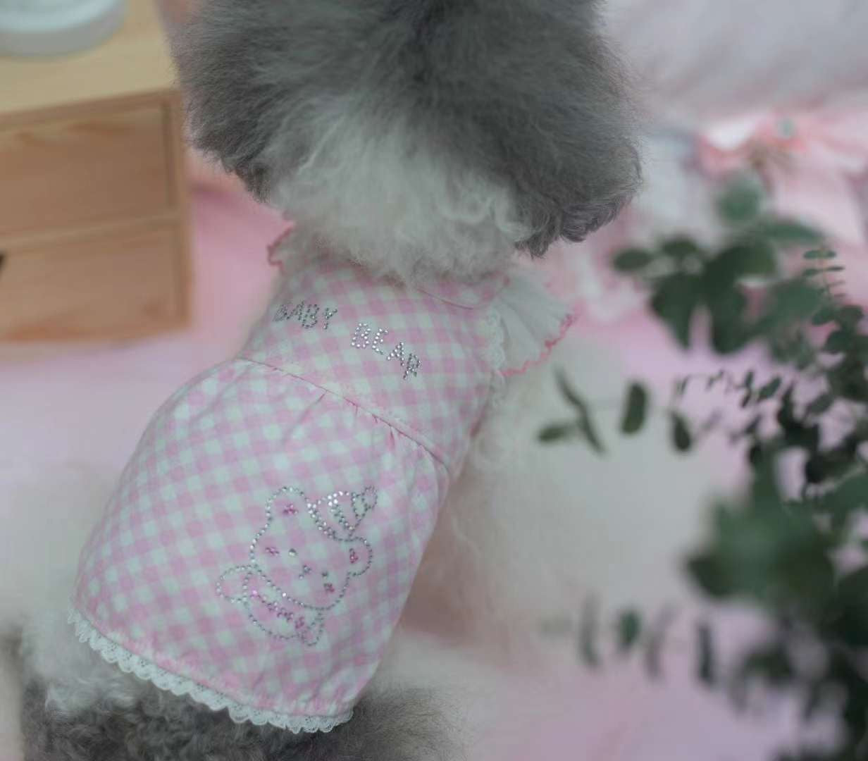 TaniWina Pink Lace Collar Plaid Dress with Rhinestone Embellishments for Small Dog