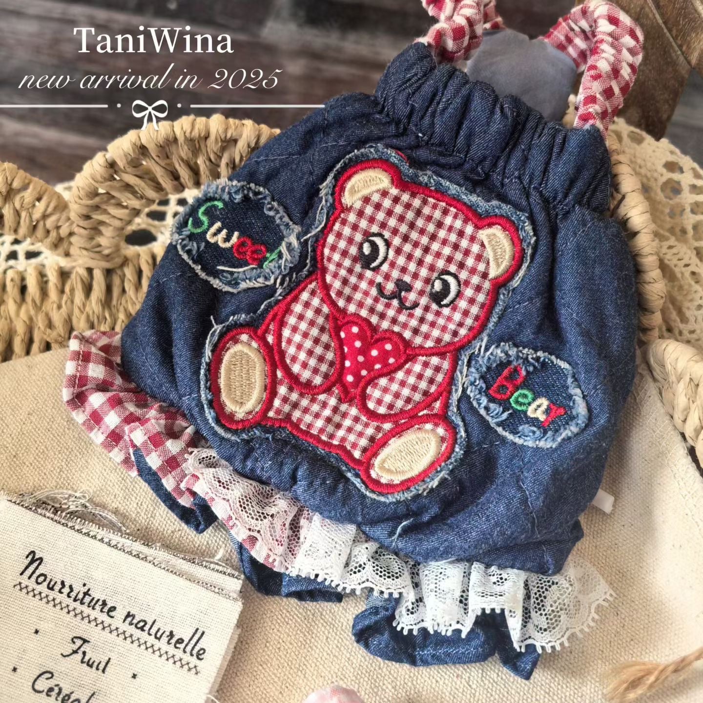 TaniWina Sweet Bear Ruffle Denim Suspender Dress– Autumn Puppy Outfit