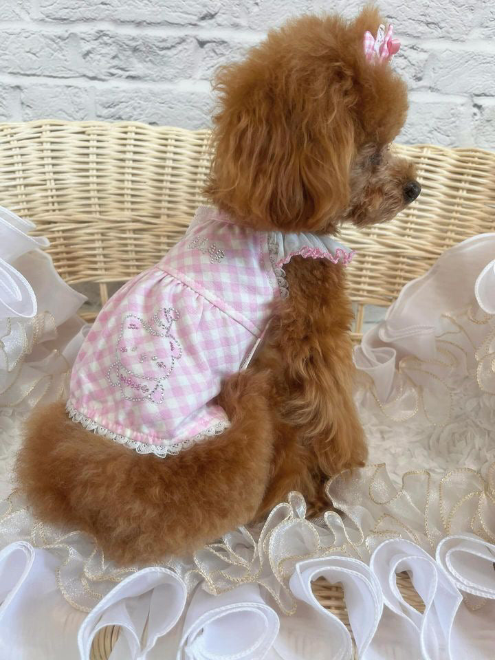TaniWina Pink Lace Collar Plaid Dress with Rhinestone Embellishments for Small Dog XXS TaniWina Pink Lace Collar Plaid Dress with Rhinestone Embellishments for Small Dog XXS