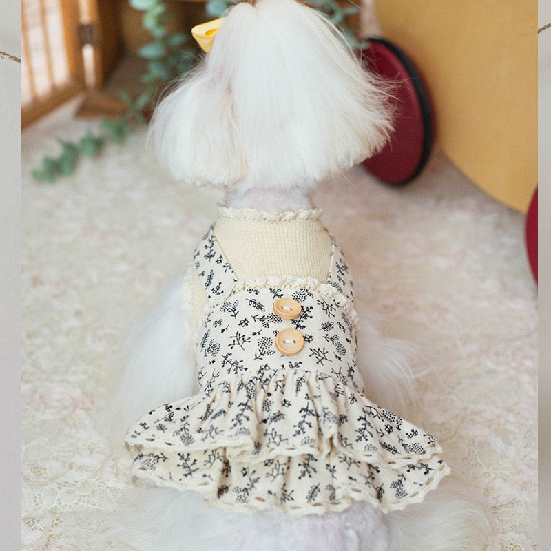 TaniWina Pet Clothes Beige Apricot Cotton Floral Dress